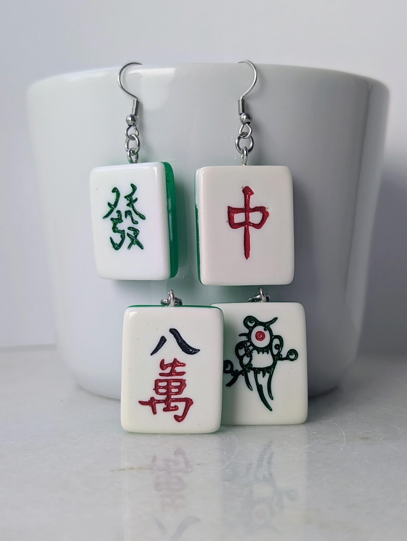 Mahjong earrings set, mah-jong Chinese game tile jewelry, Asian China game set, oriental gift idea, red green dragon tile, mahjong pinyin image 15