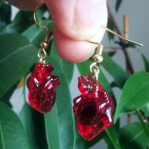 May include: A pair of gold heart-shaped earrings with red glass hearts. The hearts are detailed and realistic.