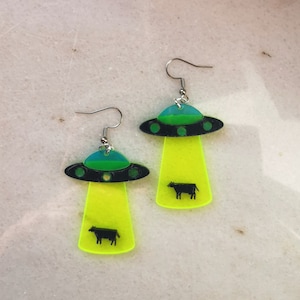 UFO alien space earrings, cow abduction earrings, spaceship universe cosmos jewelry, mars moon explorer charm, conspiracy theories gift image 1