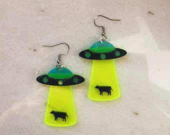 UFO alien space earrings, cow abduction earrings, spaceship universe cosmos jewelry, mars moon explorer charm, conspiracy theories gift