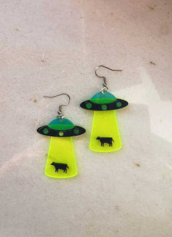 UFO alien earrings, flying saucer earrings, cow abduction charm, space universe cosmos star jewelry, sci fi gift, conspiracy therories gift