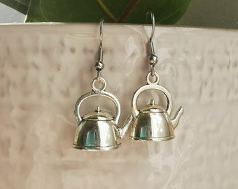 Kettle teapot tea earrings, tea time party lovers gift, tea drop silver earrings, milk tea drink charm, english breakfast teacup, coffee fun