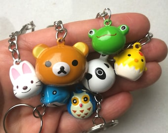 Anime japanese keychain, kawaii animal rabbit panda frog teddy bear owl chick dolphin keyring, zodiac keychain, lucky bell charm, domo gift
