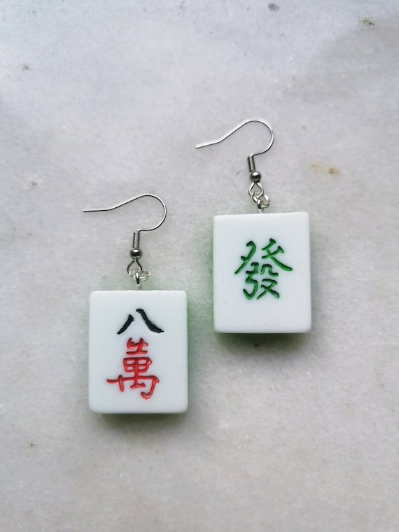 Mahjong earrings set, mah-jong Chinese game tile jewelry, Asian China game set, unique oriental gift idea, hypoallergenic silver hooks