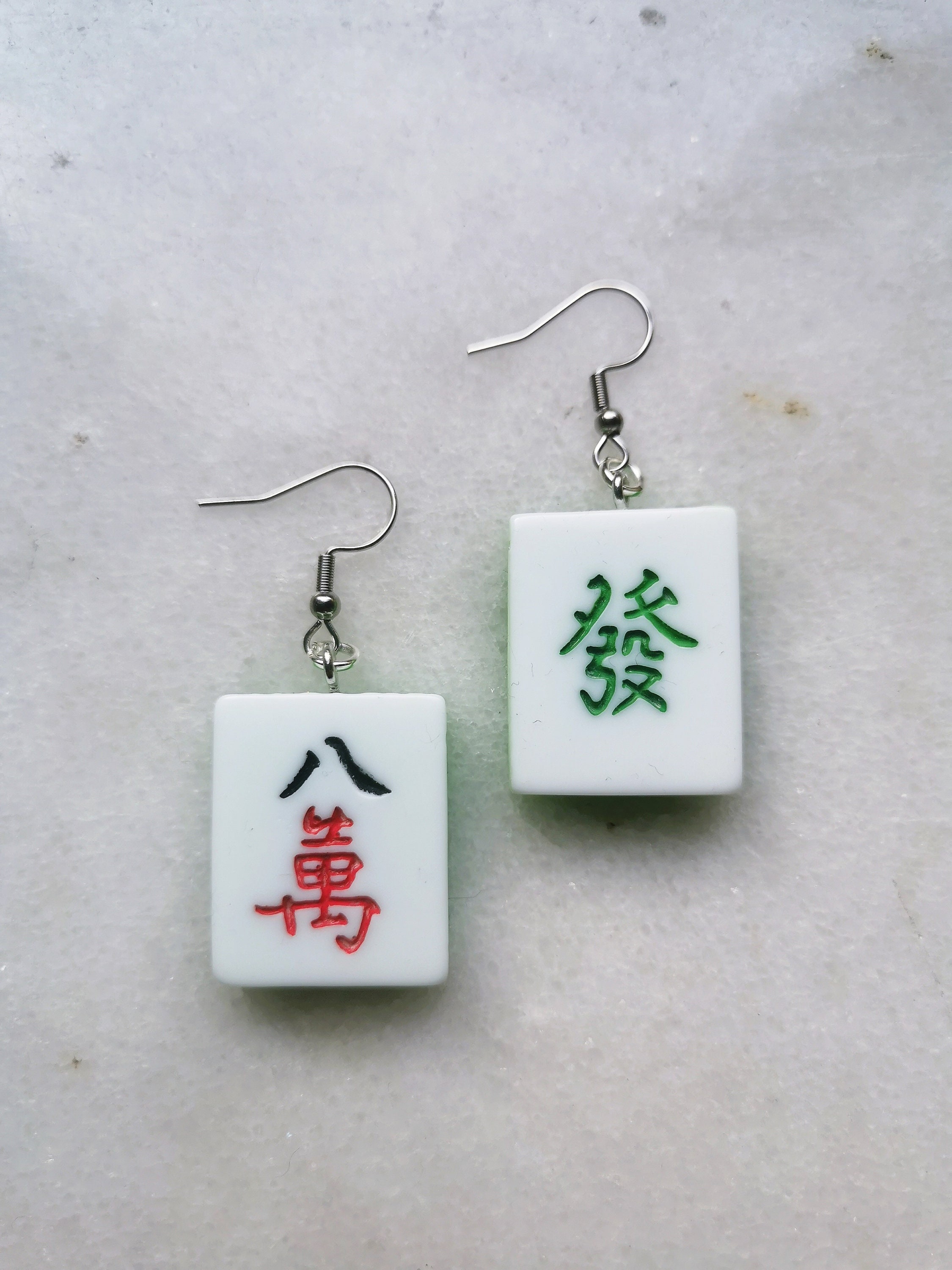 Mahjong earrings set, mah-jong Chinese game tile jewelry, Asian China game set, unique oriental gift idea, hypoallergenic silver hooks