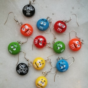 M&M earrings, m and m costume chocolate party accessories, m m candy kostüm for cookie lovers, mm gift, blue green red charm m and m cosplay
