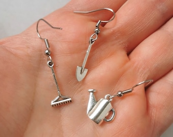Gardening garden tool earrings, watering can shovel rake spade earrings gardener plant mom gifts, gardening fashion jewelry, vegetable charm