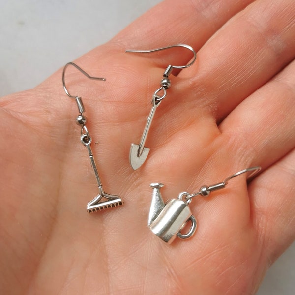 Rake spade shovel gardening earrings, garden lover gift ideas, watering can garden tools, gardener club set, plant fashion and accessories