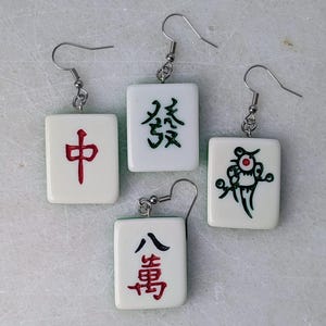 Mahjong earrings set, mah-jong Chinese game tile jewelry, Asian China game set, oriental gift idea, red green dragon tile, mahjong pinyin
