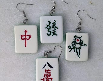Mahjong earrings set, mah-jong Chinese game tile jewelry, Asian China game set, oriental gift idea, red green dragon tile, mahjong pinyin