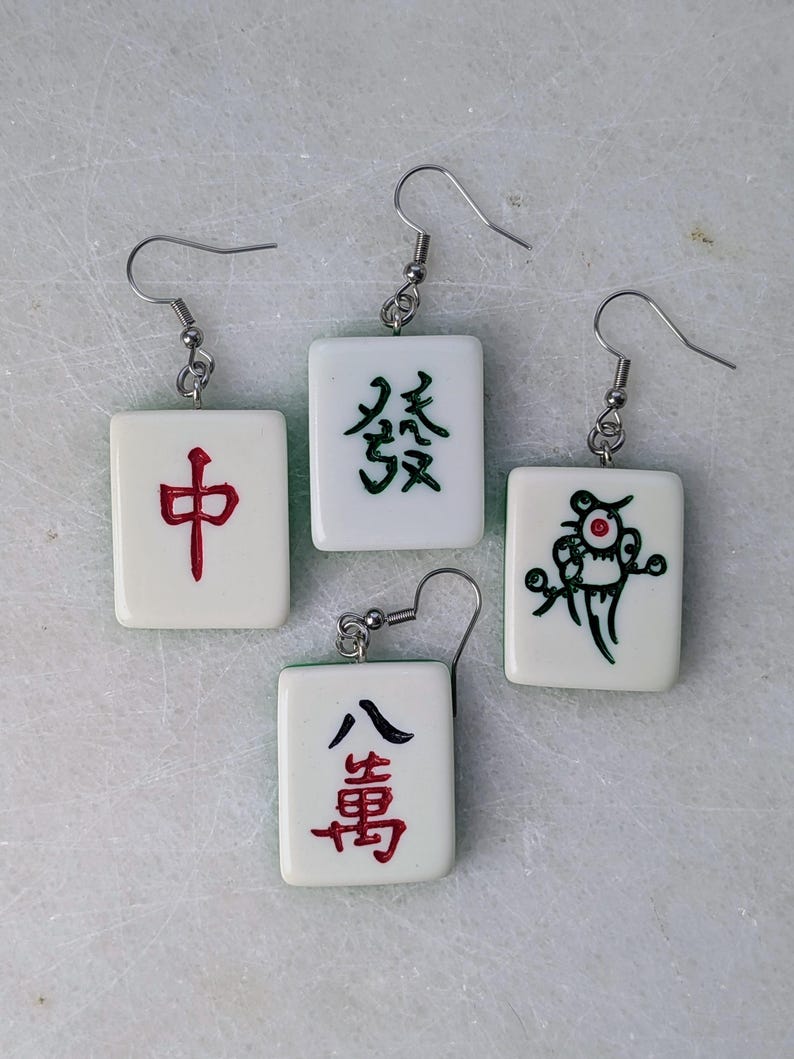 Mahjong earrings set, mah-jong Chinese game tile jewelry, Asian China game set, oriental gift idea, red green dragon tile, mahjong pinyin image 1