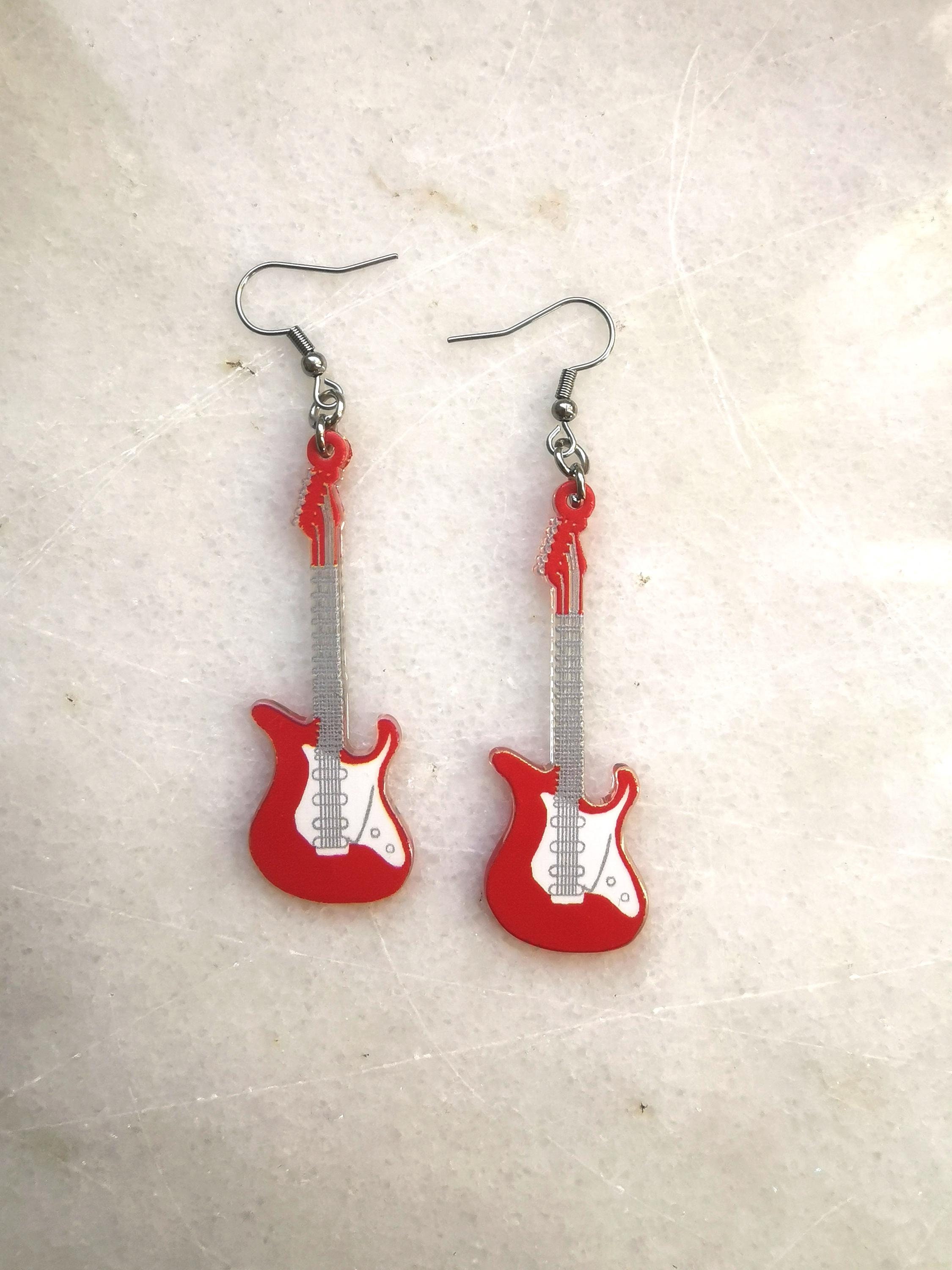 Guitar player earrings, guitarist musician gift, electric guitar rock star costume, ax axeman outfit, frontman band instrument icon jewelry