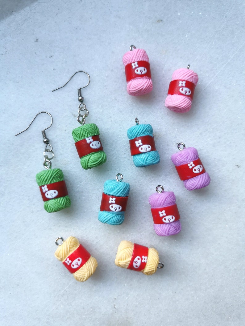 Crochet yarn knitting earrings, sewing jewelry pattern, gift for handcraft lovers, knit needle resin charms, colorful ball yarn wool beads image 1