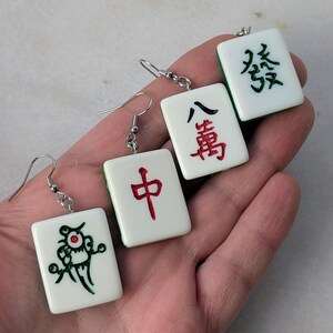 Mahjong earrings set, mah-jong Chinese game tile jewelry, Asian China game set, oriental gift idea, red green dragon tile, mahjong pinyin image 3