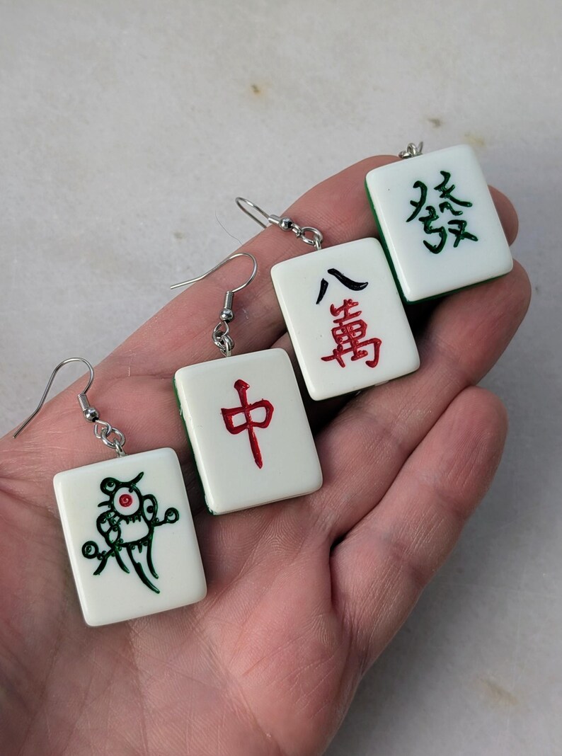 Mahjong earrings set, mah-jong Chinese game tile jewelry, Asian China game set, oriental gift idea, red green dragon tile, mahjong pinyin image 3