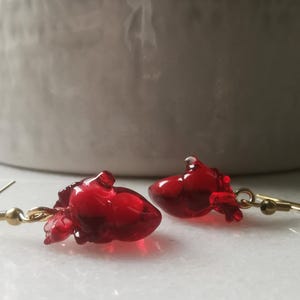 May include: A pair of gold heart-shaped earrings with red glass hearts. The hearts are detailed and have a realistic anatomical look.
