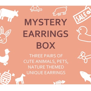 Animal themed mystery earrings box, jewelry for pet lovers, unique cute duck cow pig fish kit, mystery bundle gift, discounted up to 40% off