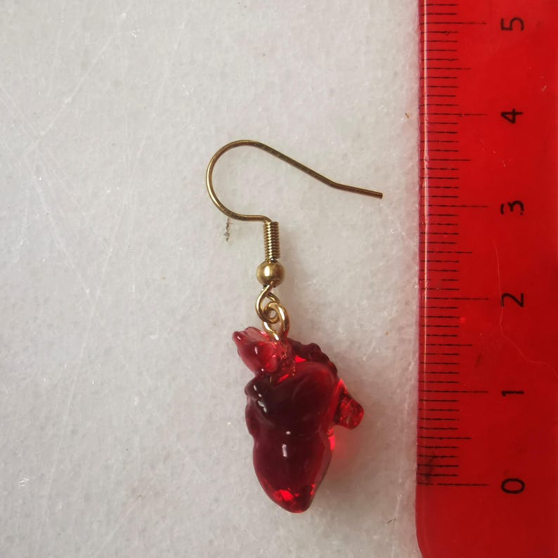 May include: Red glass heart shaped dangle earring with a gold hook.