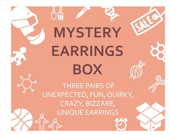 Fun funky earrings mystery box, funny weird jewelry pack, novelty edgy silly crazy gift, cute cheap quirky charms, 3 pairs up to 50% off