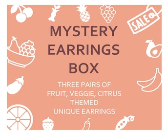 Fruit & veggie themed mystery earrings box, jewelry for health food lovers, fun vegetable citrus mystery bundle gift, discount up to 40% off