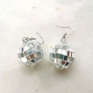 Mirrorball disco ball earrings, swift abba 70s 80s costume earrings, retro dance disco globe jewelry gift, mirror glass glam party charm