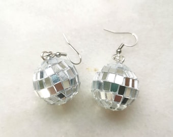 Mirrorball disco ball earrings, swift abba 70s 80s costume earrings, retro dance disco globe jewelry gift, mirror glass glam party charm