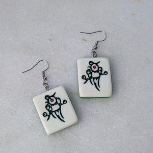 Mahjong earrings set, mah-jong Chinese game tile jewelry, Asian China game set, oriental gift idea, red green dragon tile, mahjong pinyin image 10