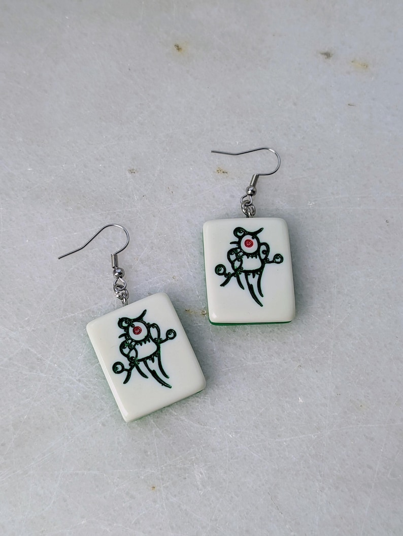 Mahjong earrings set, mah-jong Chinese game tile jewelry, Asian China game set, oriental gift idea, red green dragon tile, mahjong pinyin image 10