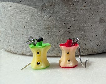 Apple core heart earrings, resin fruit bead, mini food apple charm, red unusual heart shaped apple drop earrings, cottagecore look recipe