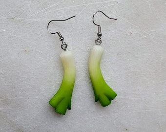 Green onion earrings, leek scallions chive charm, spring onion costume, green onion jewelry, kitchen culinary gift, food funny gift idea