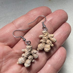 Può includere: Un paio di orecchini pendenti con un design realistico di radice di zenzero. Gli orecchini sono realizzati in materiale marrone chiaro e hanno ganci argentati.