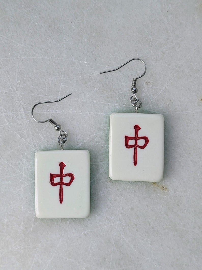 Mahjong earrings set, mah-jong Chinese game tile jewelry, Asian China game set, oriental gift idea, red green dragon tile, mahjong pinyin Red Dragon