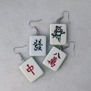 Mahjong earrings set, mah-jong Chinese game tile jewelry, Asian China game set, oriental gift idea, red green dragon tile, mahjong pinyin Random Mix