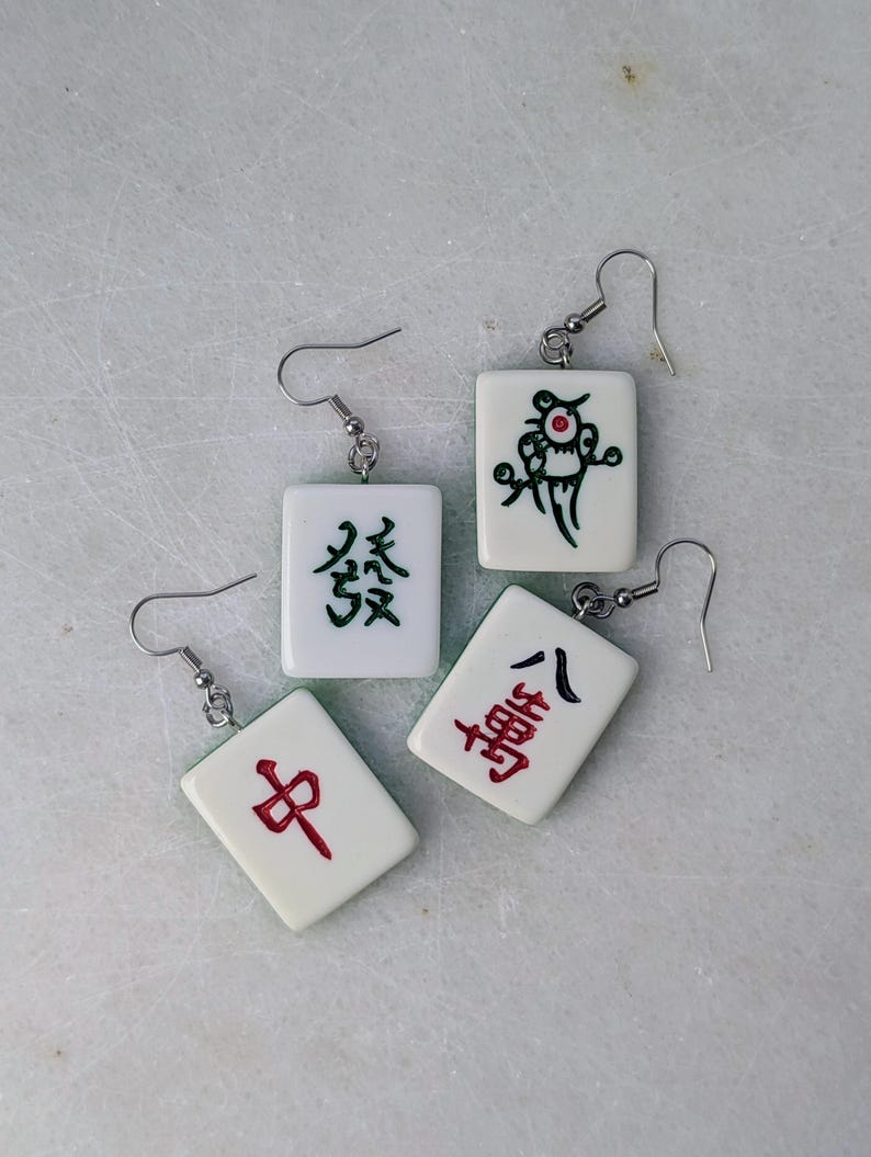 Mahjong earrings set, mah-jong Chinese game tile jewelry, Asian China game set, oriental gift idea, red green dragon tile, mahjong pinyin Random Mix