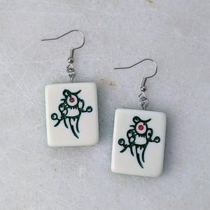 Mahjong earrings set, mah-jong Chinese game tile jewelry, Asian China game set, oriental gift idea, red green dragon tile, mahjong pinyin Bird