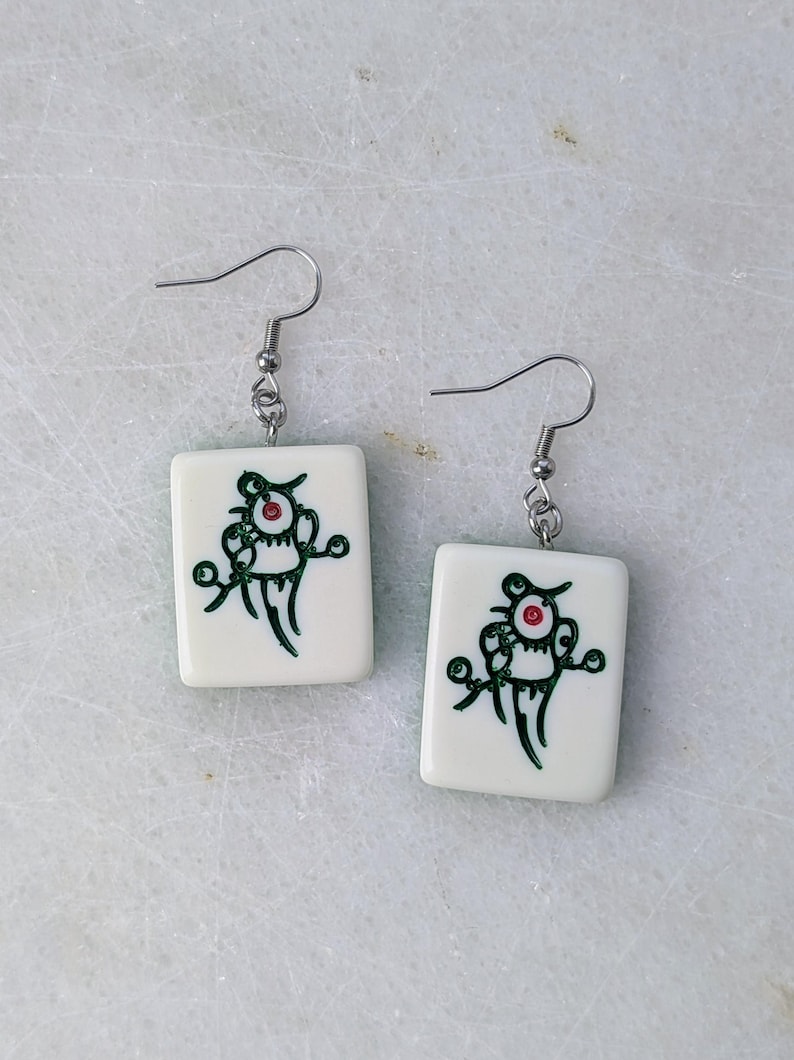 Mahjong earrings set, mah-jong Chinese game tile jewelry, Asian China game set, oriental gift idea, red green dragon tile, mahjong pinyin Bird