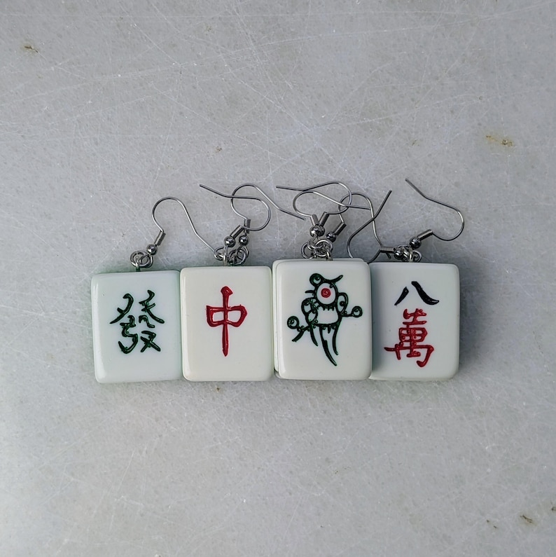 Mahjong earrings set, mah-jong Chinese game tile jewelry, Asian China game set, oriental gift idea, red green dragon tile, mahjong pinyin image 2