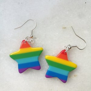Rainbow star lesbian earrings, LBGTQ gay statement charm, bisexual bi jewelry, rainbow flag pride and unique gift earrings | Hypoallergenic