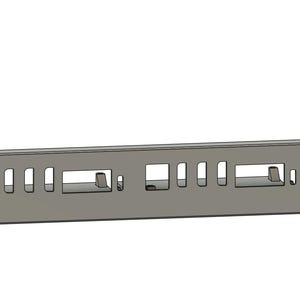 May include: A silver metal plate with multiple rectangular cutouts. The plate has rounded corners and a smooth surface.