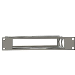 May include: A gray metal rack mount component with a rectangular opening and mounting holes. The component is designed to hold electronic equipment and is suitable for a 19-inch rack.