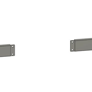 May include: Two rectangular, gray metal brackets with rounded corners and four screw holes each. The brackets are shown against a white background. The brackets are identical in shape and size.