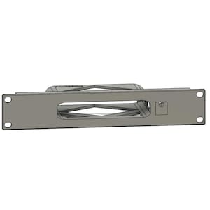 May include: A silver metal rack with a rectangular opening and a small square cutout on the right side.