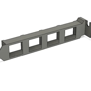 May include: A gray metal computer component with four rectangular openings. The component has a rectangular shape with a curved end and a small hook on the opposite end. The item is designed for computer hardware.