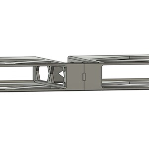 May include: A metal rack with two open compartments, designed to hold electronic equipment. The rack is made of a light gray metal and has a rectangular shape.