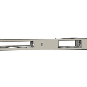 May include: A light gray metal rack mount component with two rectangular openings and several small holes. The component is designed to be mounted in a standard 19-inch rack, commonly used for organizing and securing electronic equipment.