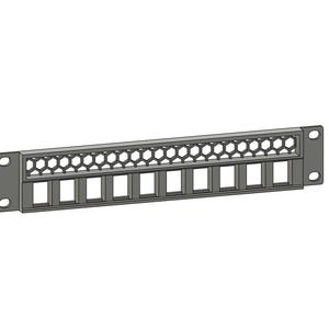 May include: A gray metal network patch panel with a series of rectangular and hexagonal openings. The panel has mounting holes on each end, designed for rack installation. This component is used for organizing network cables.