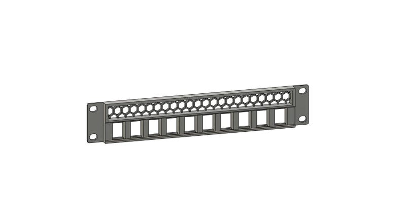 May include: A gray metal network patch panel with a series of rectangular and hexagonal openings. The panel has mounting holes on each end, designed for rack installation. This component is used for organizing network cables.