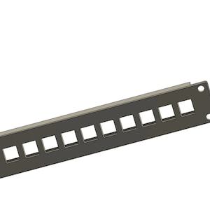 May include: A black metal rack with 12 square openings for cable management.