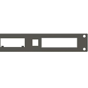 May include: A black metal plate with two rectangular cutouts. The plate has rounded corners and two small holes on the right side.