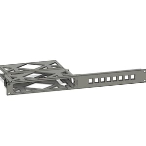 May include: A gray metal rack mount component with a series of square openings and a geometric design. The component is designed to hold other electronic devices. The rack mount is shown against a white background.